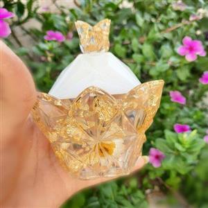 قندان تمام رزینی زیبا با سر با طرح ورق طلا و گل خشک طبیعی