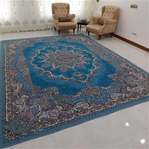 روفرشی 12 متری- مخمل زرکدار- وکیل بافت(زرین) یزد- طرح نیلوفر- کد 005- رنگ آبی‌فیروزه- زیر انداز- زیرانداز- زیرسفره‌‌ای