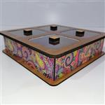 جعبه دمنوش و شکلاتخوری چهارخانه چوبی رنگ گردویی روشن طرح گل و بوته مدلML502GR