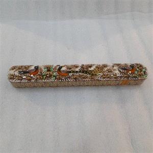 قلمدان کشویی دو گل بدون تاج متوسط خاتم کاری(طرح گل و مرغ قهوه ایی) 