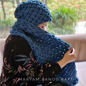 کلاه و شالگردن پافی مریم بانو، سایز جوان، فوق العاده نرم و زیبا ، مدل بافت حصیری