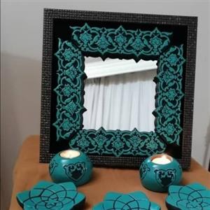 ست هفت سین فیروزه ای برجسته با آینه ابعاد 30×30 ظرف قطر9سانت