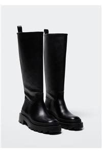 چکمه مشکی مدل بلند پاشنه کوتاه لژدار آج دار طرح ساده زنانه مانگو MANGO (ساخت اسپانیا)