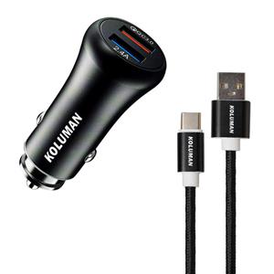 شارژر فندکی کلومن مدل KC C02 به همراه کابل تبدیل USB-C و MicroUSB Koluman Car Charger With And Cable 