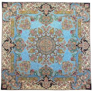 رومیزی مربع ترمه ابریشم کد TRM150 نفیس رنگ سبزآبی آستر آبی مغزی دوزی