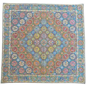 رومیزی مربع ترمه ابریشم کد TRM176 نفیس رنگ فیروزه ای آستر آبی مغزی دوزی