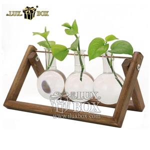 استند چوبی و گلدان رومیزی شیشه ای حبابی با پایه مستطیل شکل لوکس باکس LB876