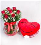 گلدان آکواریومی Pasabahce با 7 گل رز قرمز و قلب های زیبا (ترکیه) کد 121