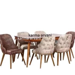 میز و صندلی ناهار خوری 6 نفره چوبی دورا لمسه کرم یاسی 155 90 77 برند صنعت چوب کارما 