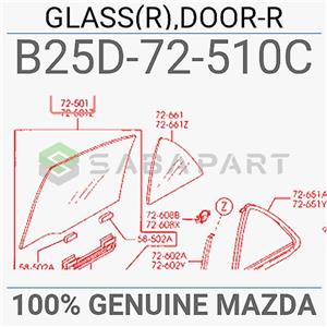  شیشه درب مزدا 323 – عقب سمت راست – محصول اصلی (جنیون پارت) – کد فنی: B25D72510C