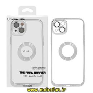 قاب گوشی iPhone 14 آیفون طرح الکتروپلیتینگ مگ سیف ژله ای شفاف اورجینال یونیک کیس Unique Case محافظ لنز دار نقره کد 25 