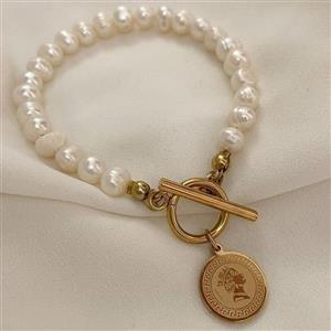 دستبند مروارید پرورشی اصل و قفل تی و‌سکه الیزابت استیل