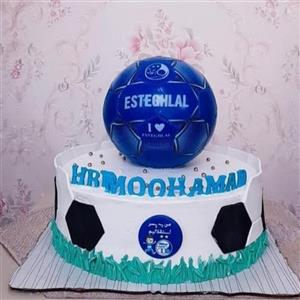 کیک فوتبالی استقلال با توپ واقعی با  رنگ ابی و تزیینات فوندانت