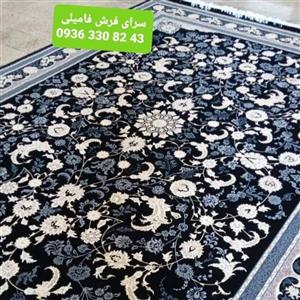 فرش ماشینی 9 متری طلا کوب 700 شانه نخ اکرلیک تراکم 2550 طرح یاس رنگ سرمه ای