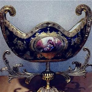 کشکول لیلی مجنون سرمه ای طلاکوب برنجی با بدنه چینی جهیزیه 