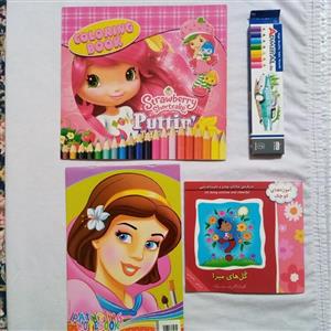 پک وبسته جایزه و هدیه دخترانه قیمت عالی(کتاب رنگ آمیزی+کتاب داستان +دفتر نقاشی+مداد رنگی 6تایی)