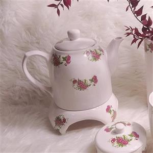 قوری و وارمر گل سرخی  سرامیکی دستساز