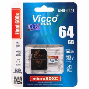 کارت حافظه microSDXC ویکومن مدل 600x plus کلاس 10 استاندارد UHS-I U3 A1 V30 سرعت 90MBs ظرفیت 64 گیگابایت به همراه آداپتور SD