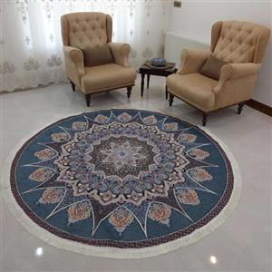 رومیزی و روفرشی گرد- قطر 2 متر- مخمل زرکدار- وکیل بافت(زرین) یزد- طرح خورشید- رنگ آبی نفتی