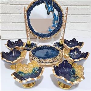 هفت سین رزینی آبی درباری ورق طلا رزینی 9 تکه با آینه و شمعدان