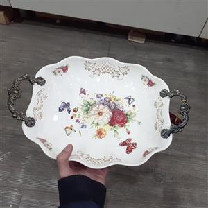 دیس گرد بزرگ نیم گود مناسب پذیرایی میوه یا شیرینی با کیفیت عالی گل سرخی دسته پیوتر