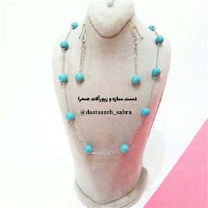 نیم ست گوشواره سنگ فیروزه و گردنبند سنگ فیروزه ای استیل نقره ای با سنگ فیروزه سنتتیک