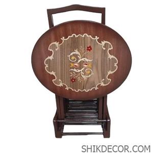 میز عسلی تاشو چمدانی جلومبلی معرق دایره چوب گردو کد 16