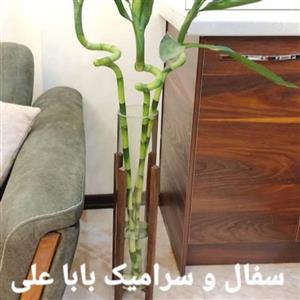 گلدان شیشه ایی +پایه چوبی گل بامبو