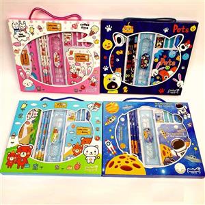 پک لوازم تحریر فانتزی دخترانه و پسرانه جامدادی فلزی خط کش  مداد مشکی پاکن تراش دفتر یادداشت پک هدیه پک تحریر دفترچه