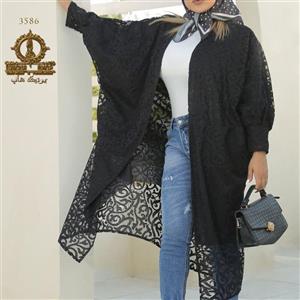 مانتو عبایی گیپور مجلسی بلند و قواره دار مشکی تا سایز54
