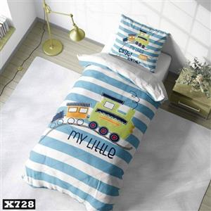 سرویس روتختی یک نفره میکروتترون سه بعدی،طرح ترن با زمینه سفید آبی،مناسب کودک و نوجوان