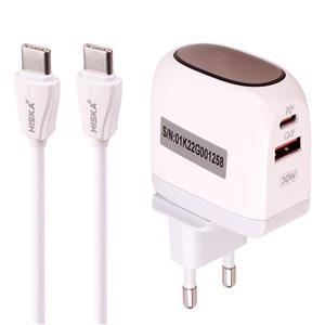 شارژر دیواری فست شارژ Hiska H-115PD 2Port QC3.0 PD 4.5A 30W Type-C + کابل تبدیل تایپ سی