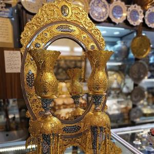 آینه و شمعدان لاله قلمزنی و مینا آب طلا  شده