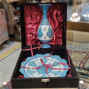 ست بشقاب و گلدان مس و میناکاری