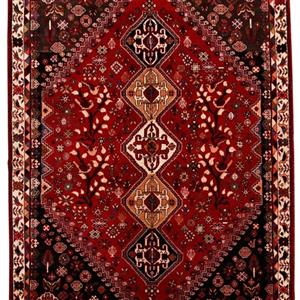 فرش دستباف شیراز طرح 5 ترنج رنگ زمینه لاکی حاشیه کرم 