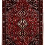فرش دستباف شیراز طرح 3 ترنج  رنگ حاشیه قهوه ای  رنگ زمینه لاکی