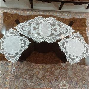 رومیزی مبل مخمل دانتل سه تکه بیضی در پورنگ کرم و طوسی