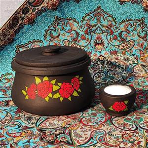 ست ظروف سنگی نقاشی شده دیزی سنگی 4 نفره بهمراه نمک ساب متوسط طرح گل رز