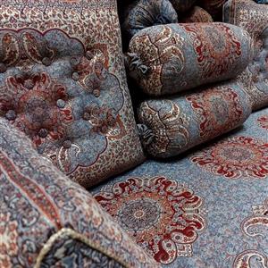 سرویس شاهنشین ست 7تیکه پشتی ترمه  سنتی یزد طرح ترنج رنگ طوسی فیلی