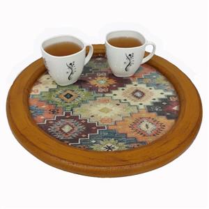 سینی چوب و رزین دست ساز دایره طرح جاجیم قطر35