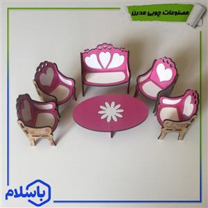 مبلمان  چوبی هفت نفره دکوری صورتی و سفید