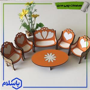 مبلمان  چوبی هفت نفره دکوری نارنجی سفید