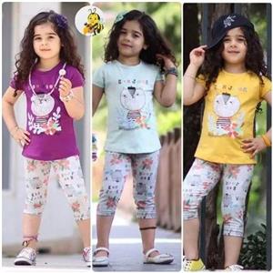 تیشرت شلوارک دخترانه طرح گربه رنگ سبز وزرد