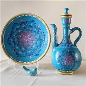 گلاب پاش و زیری فیروزه ای سفالی نقطه کوبی