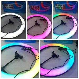 رینگ لایت هفت رنگ سایز 36 به همراه پایه 2.10  30 روزه رینگ لایت rgb آرایشی تولید محتوا