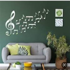 آینه دکوراتیو مولتی استایل طرح نت موسیقی، در دو رنگ طلایی و نقره ای، 16 قطعه، نت های کوچک 10 سانتی و نت بزرگ 30 سانتی