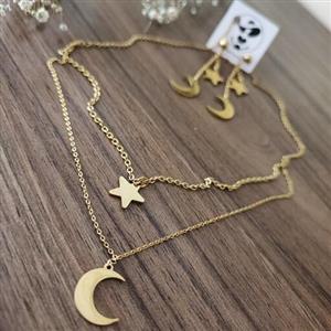 نیم ست گوشواره و گردنبند دولاینه ماه و ستاره استیل درجه یک رنگ ثابت مشابه طلا