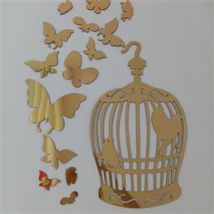 آینه دکوراتیو مولتی استایل، طرح قفس و پروانه، در دو رنگ طلایی و نقره ای، سایز 30 سانت