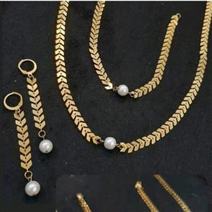 ست گردنبند دستبند گوشواره استیل زنانه طرح گندمی یا تیغ ماهی (لاوین گالری)