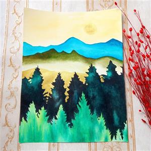 تابلو نقاشی  آبرنگ و ورق طلا  کوهستان